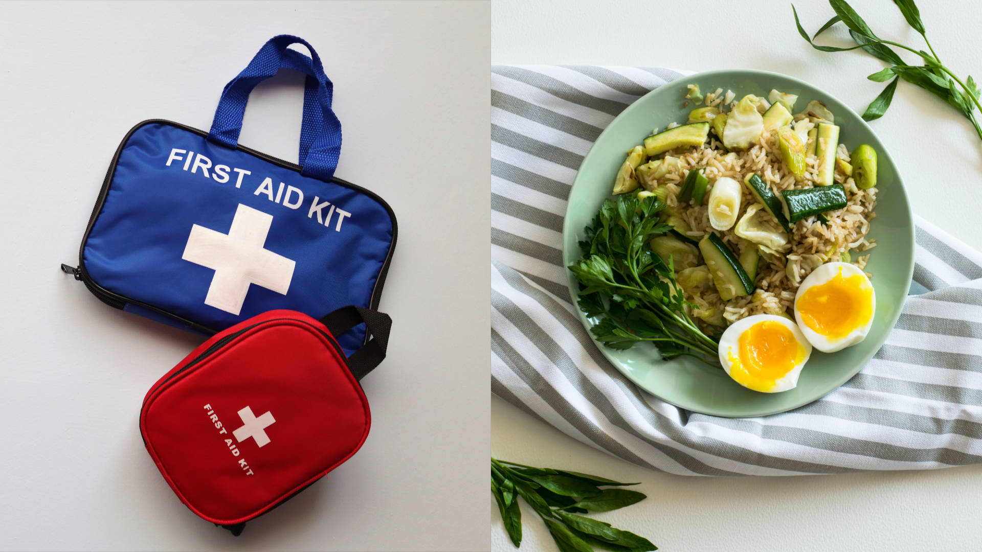 Blue and red first aid bags and a plate of rice, zucchini and hard boiled egg.