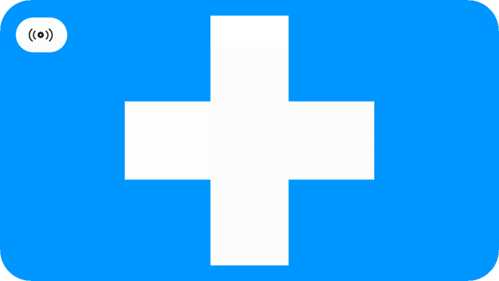 Icon for Virtual CPR Training. Online Training Icon in the top Left Corner. White cross on a Light Blue branded background