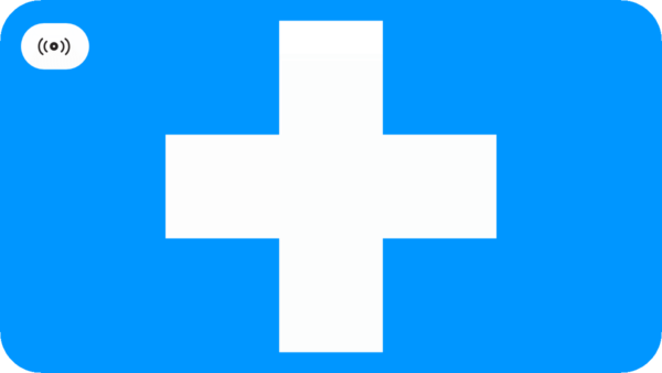 Icon for Virtual CPR Training. Online Training Icon in the top Left Corner. White cross on a Light Blue branded background